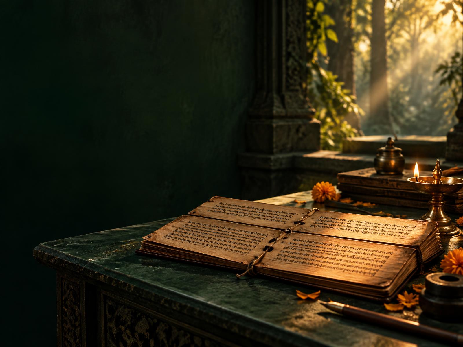 Ancient Indian manuscript illuminated by a diya at sunrise